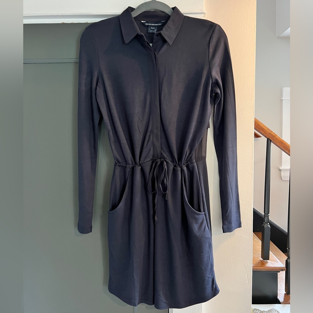 FRENCH CONNECTION Navy Shirt Dress with chiffon drawstring SZ 2